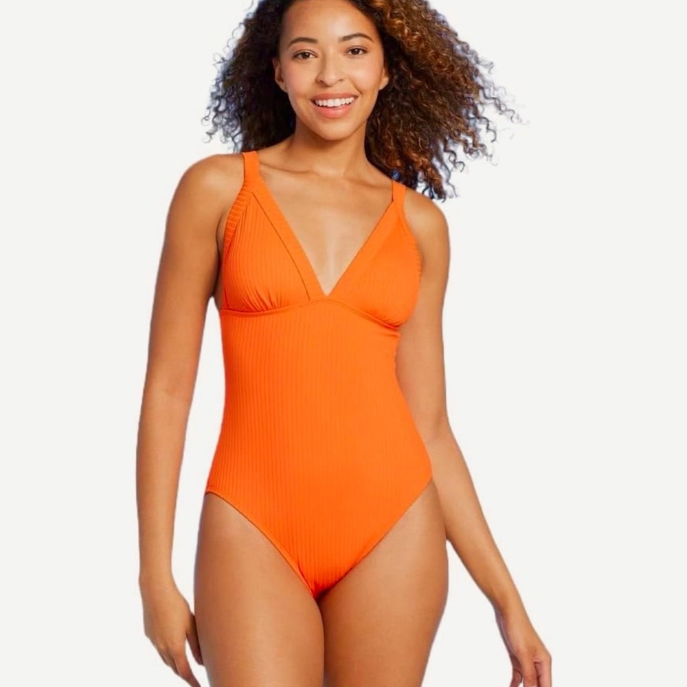 Shade & Shore NWT Women's Orange Rib Triangle One Piece Swimsuit Size Medium